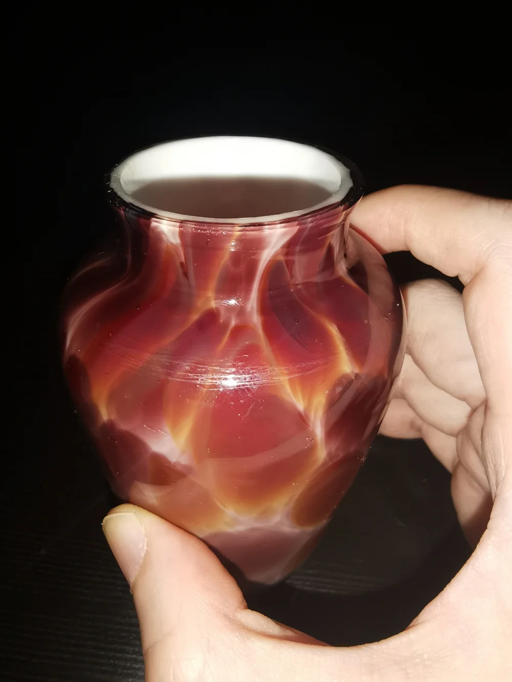 Hand Blown Art Glass Spatter Vase Burgundy Purple Amber W/Bulbous Body 3.5
